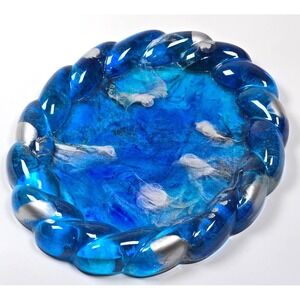 Handmade Resin Oval Tray 6x5 Braided Rim Blue Silver Ocean Mist Art Decor Waves